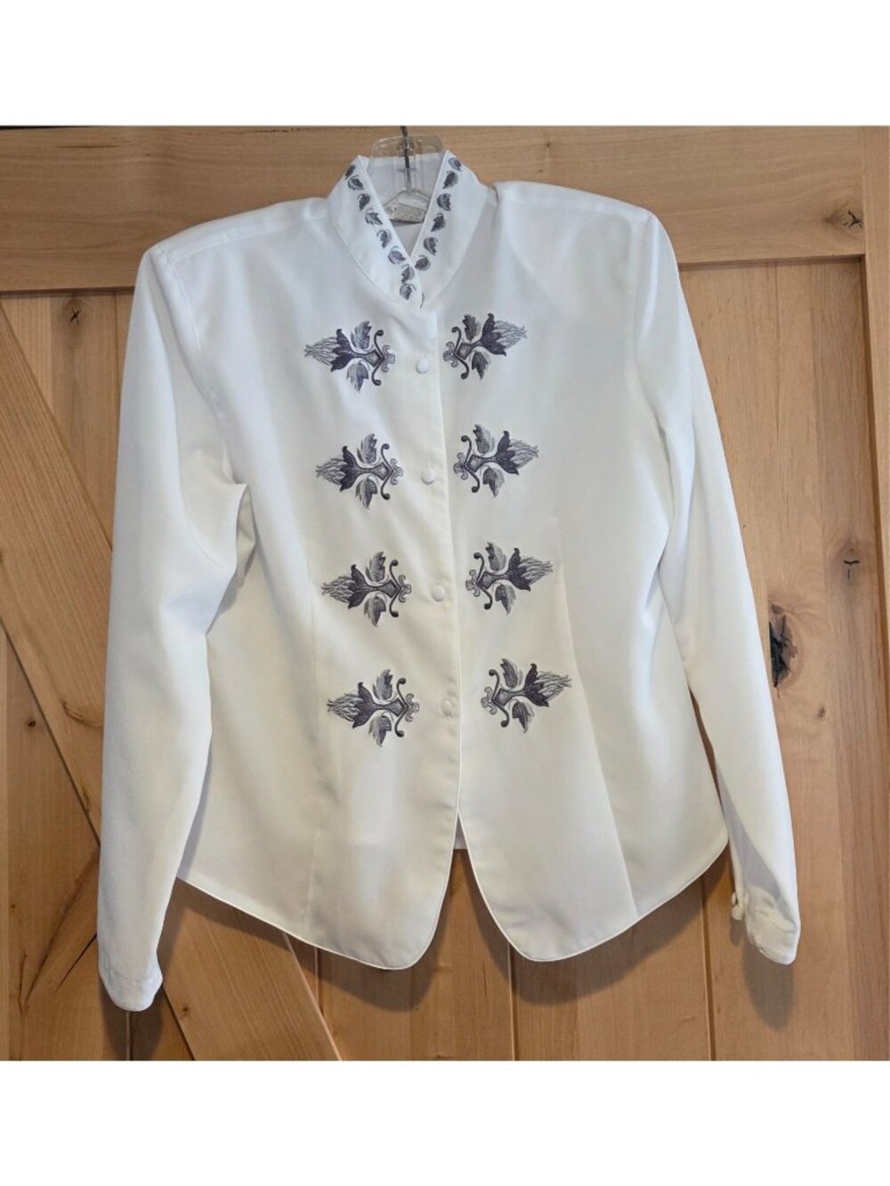 Susan Hutton Sz S Blouse Embroidered Jacobean Gray Flower Asian Band Collar